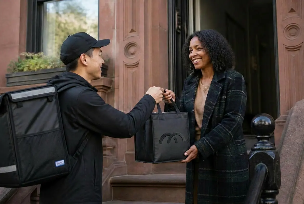 A MealCare courier handing an insulated meal bag to a resident at a Brooklyn brownstone